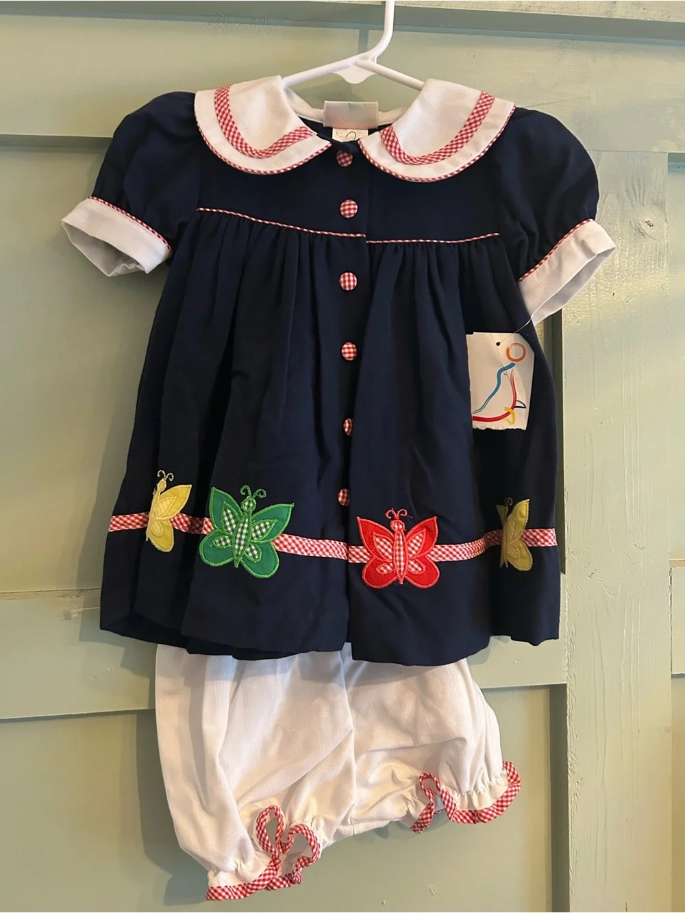 Vintage Navy Butterfly Appliqué Girls' Formal Dress with White Bloomers